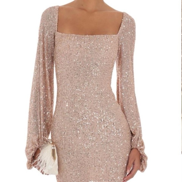 Lucy in the Sky Dresses & Skirts - Lucy in the Sky Tan Sequin Cream Bubble Sleeve Bodycon Dress